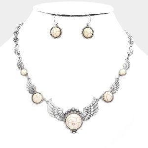 • Natural Stone Accented Antique Metal Wing Link Necklace